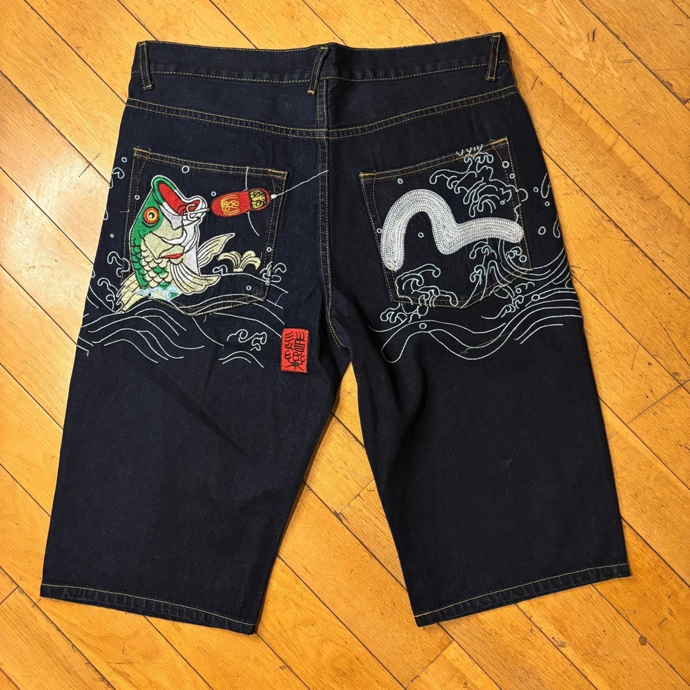 Y2K Evisu Baggy Denim Shorts Men 36 Seagull Koi Wave Embroidered Dark Wash Jorts